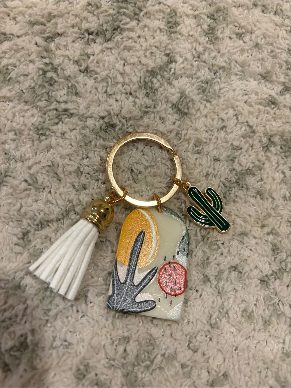 Bohemian Southwest Desert White Tassel Cactus Keychain Bag Charm NWT 2.5”